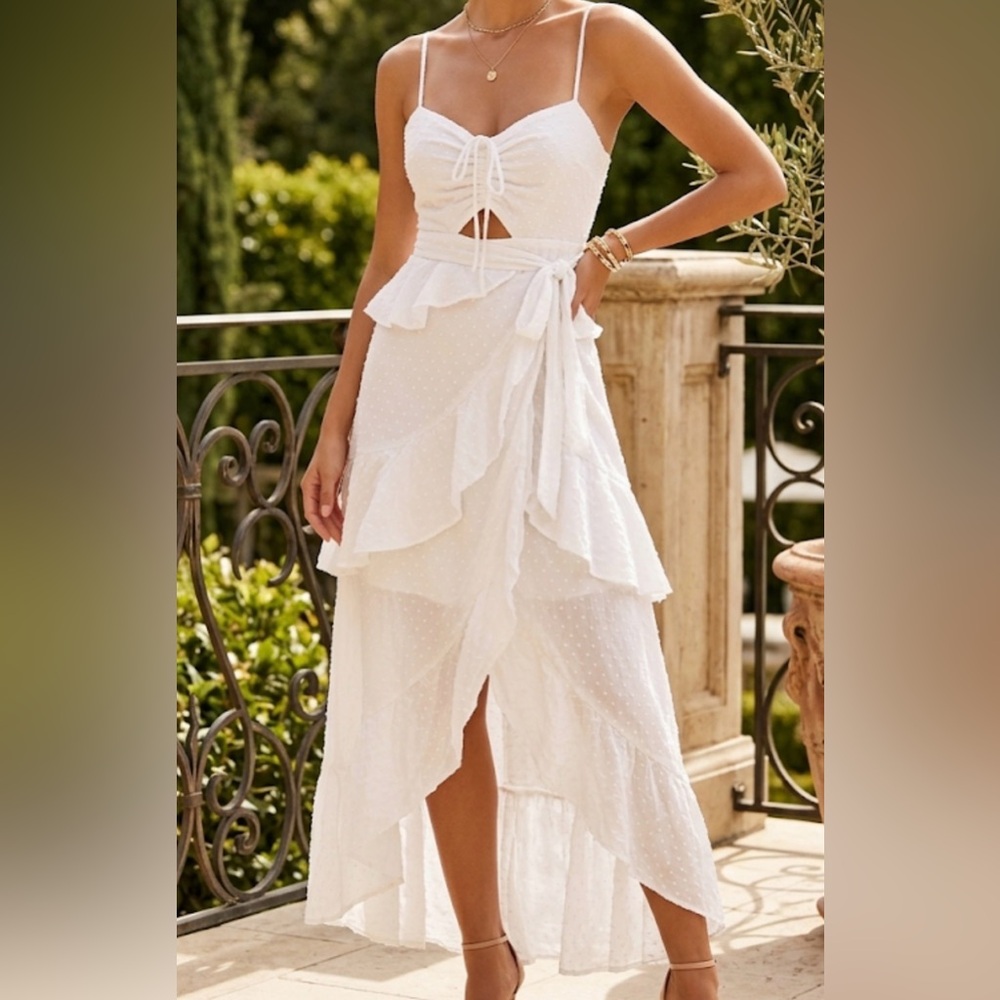 Saltwater Luxe White Gold Metallic Stripe‎ High Low Ruffle Cutout Midi Dress XS